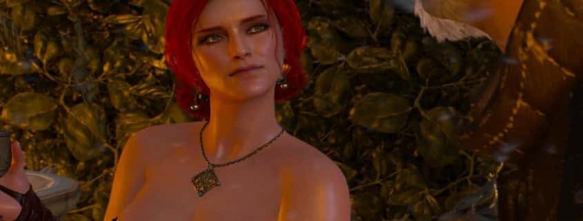 Triss qui demande à Geralt de jouer au Gwint dans The witcher 3.