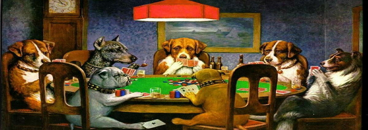 Tableau facile de chiens jouant sur différentes tables au poker ou à la roulette ou blackjack, évoquant l'ambiance d'un casino.