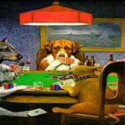 Tableau facile de chiens jouant sur différentes tables au poker ou à la roulette ou blackjack, évoquant l'ambiance d'un casino.