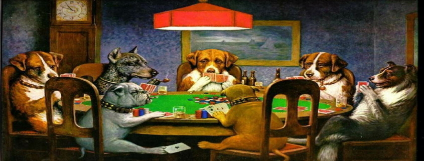 Tableau facile de chiens jouant sur différentes tables au poker ou à la roulette ou blackjack, évoquant l'ambiance d'un casino.